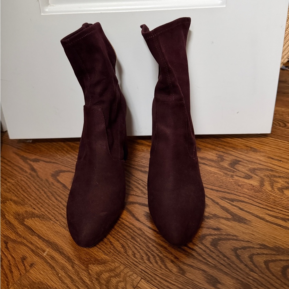 Ivanka Trump Sayida,  Dark Red Fabric, High Block Heel Booties with Gold detail